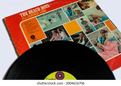 Miami, FL, USA: July 2021: Classic Rock Band, The Beach Boys Music Album On Vinyl Record LP Disc. Titled All Summer Long Album Cover