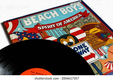 Miami, FL, USA: July 2021: Classic Rock Band, The Beach Boys Music Album On Vinyl Record LP Disc. Titled Spirit Of America Album Cover