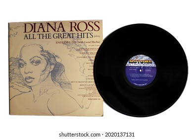 Miami, Fl, USA: July 2021: RnB Soul Artist, Diana Ross Music Album On Vinyl Record LP Motown Disc. Titled: All The Great Hits Album Cover