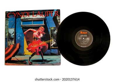 Miami, Fl, USA: July 2021: Pop and new wave artist, Cyndi Lauper music album on vinyl record LP disc. Titled: She's So Unusual album cover