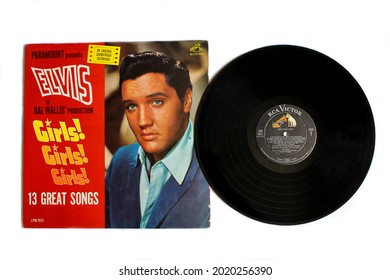 Miami, Fl, USA: July 2021: Rock and Gospel artist Elvis film music album on vinyl record LP disc. Girls! Girls! Girls! is a soundtrack album by American singer Elvis Presley album cover