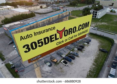 MIAMI, FL, USA - JULY 25, 2017: Aerial Image Of An Auto Insurance Billboard Advertisement In Miami