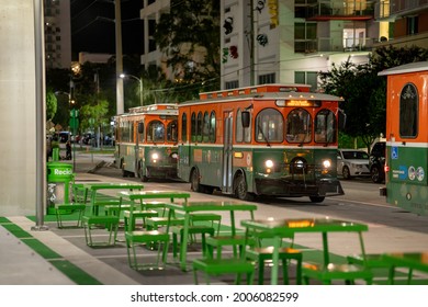 Miami, FL, USA - July 9, 2021: Night photo of the Miami Brickell Trolley Bus