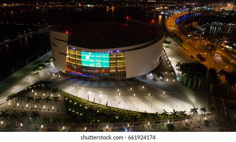 MIAMI, FL, USA - JUNe 11, 2017: Aerial Image Of The AA Arena At Night At Downtown Miami 