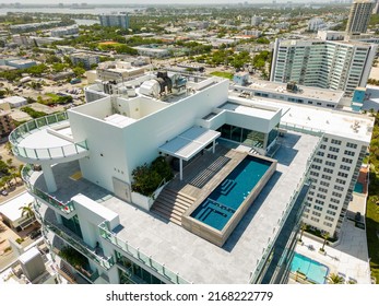 Miami, FL, USA - June 14, 2022: Aerial Photo Rooftop Pool At L'Atelier Condominium Miami Beach