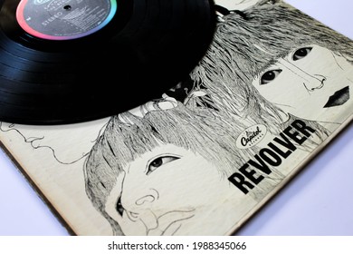 Miami, FL, USA: June 2021: English rock band The Beatles music album on vinyl record LP disc. Titled: Revolver album cover