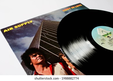 Miami, FL, USA: June 2021: Australian Pop band, Air Supply music album on vinyl record LP disc. Titled: Lost in love album cover