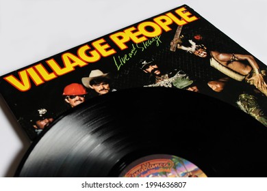 Miami, FL, USA: June 2021: Disco, Funk, And Soul Band, The Village People Music Album On Vinyl Record LP Disc. Titled: Live And Sleazy Album Cover