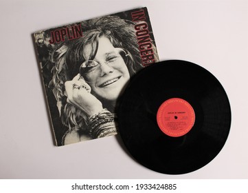 Miami, Fl, USA: March `10, 2021:
Psychedelic rock and blues artist,  Janis Joplin music album on vinyl record LP disc. Titled: In Concert