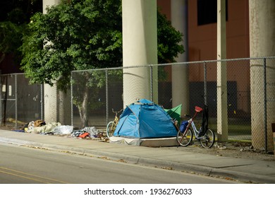 MIAMI, FL, USA - MARCH 10, 2021: Tents at Downtown Miami with homeless people living on the streets
