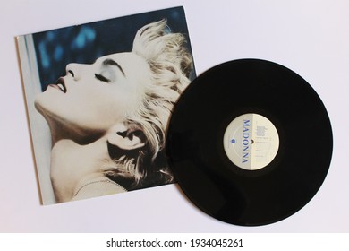 Miami, Fl, USA: March `11, 2021:
Dance, Pop And Disco Artist, Madonna Music Album On Vinyl Record LP Disc. Titled: Madonna True Blue