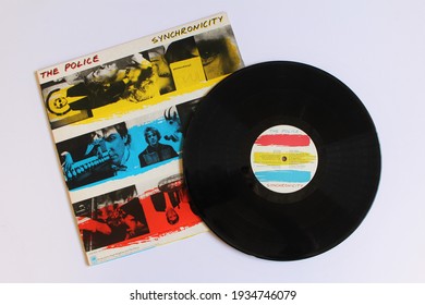 Miami, Fl, USA: March `12, 2021: English Rock, New Wave, Post Punk, And Reggae Band, The Police Music Album On Vinyl Record LP Disc. Titled: Synchronicity 