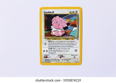 Miami, FL, USA: March 14, 2021: Snubbull Pokemon Card Front Side - The Pokémon Trading Card Game Is A Collectible Card Game, Based On Nintendo's Pokémon Franchise Of Video Games And Anime. 