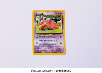 Miami, FL, USA: March 14, 2021: Slowpoke Pokemon Card Front Side - The Pokémon Trading Card Game Is A Collectible Card Game, Based On Nintendo's Pokémon Franchise Of Video Games And Anime. 