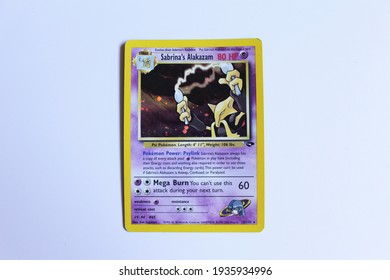 Miami, FL, USA: March 14, 2021: Sabrina's Alakazam Pokemon Card. The Pokémon Trading Card Game Is A Collectible Card Game, Based On Nintendo's Pokémon Franchise Of Video Games And Anime. Gym Heroes