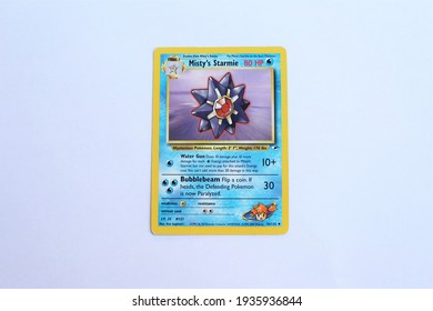 Miami, FL, USA: March 14, 2021: Misty's Starmie Pokemon Card. The Pokémon Trading Card Game Is A Collectible Card Game, Based On Nintendo's Pokémon Franchise Of Video Games And Anime. Gym Heroes