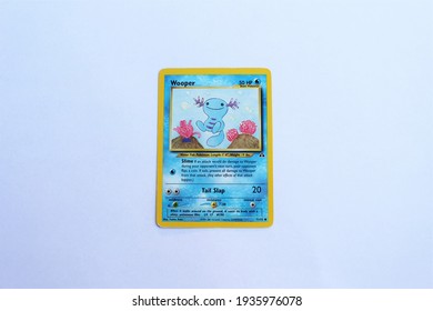 Miami, FL, USA: March 14, 2021: Wooper Pokemon Card. The Pokémon Trading Card Game Is A Collectible Card Game, Based On Nintendo's Pokémon Franchise Of Video Games And Anime. Gym Heroes