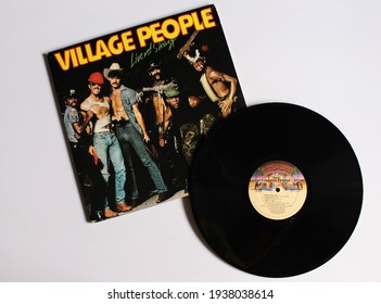 Miami, FL, USA: March 17, 2021: Disco, Funk, And Soul Band, The Village People Music Album On Vinyl Record LP Disc. Titled: Live And Sleazy Album Cover