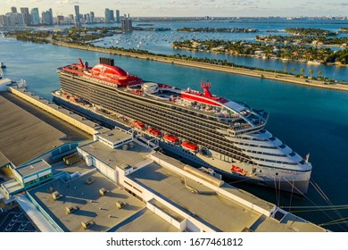 MIAMI, FL, USA - MARCH 18, 2020: Aerial photo Port Miami Virgin Voyages Scarlet Lady