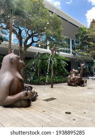 Miami, FL USA: March 2021: Gorillas In The Mist A Whimsical Public Work By The Haas Brothers For Aventura Mall. Made Of Three Large-scale Bronze Monkeys And Four Massive Bronze Trees Circulating Water