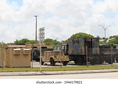 Miami, Fl, USA: March 26, 2021: Army Vehicles Parked Outside The Colonel Kenneth P. Williams United States Army Reserve Center