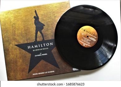 Miami, FL  USA- March 28, 2020: Hamilton Musical Original Broadway Cast Recording Vinyl Record LP Disc By Lin Manuel Miranda Album Cover