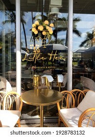 Miami, Fl, USA: March 3, 2021: Vintage Outdoor Patio Decertations For A Tea Party At A Bridal Shower. Sun Shining Through. Fancy Furniture In An Upscale Restaurant In Miami Called Little Hen.