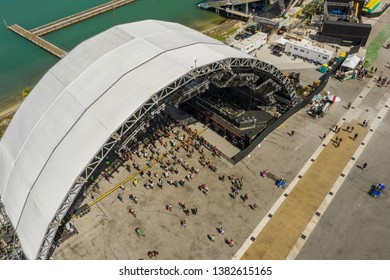 MIAMI, FL, USA - MARCH 30, 2019: Aerial Drone Photos Of The Miami Ultra Music Festival Key Biscayne Marine Stadium