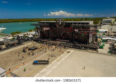 MIAMI, FL, USA - MARCH 30, 2019: Aerial Drone Photos Of The Miami Ultra Music Festival Key Biscayne Marine Stadium