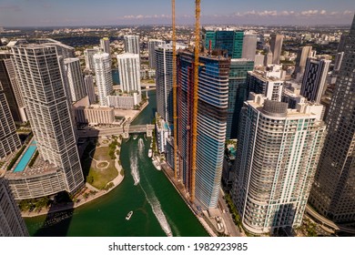 Miami, FL, USA - May 28, 2021: Aerial photo Aston Martin Residences under construction on the Miami River
