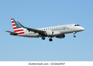 Miami, FL, USA - November 24 2021:  American Eagle (Envoy Air) Embraer EMB-175 Jet Aircraft, Landing At The Miami International Airport, Florida.