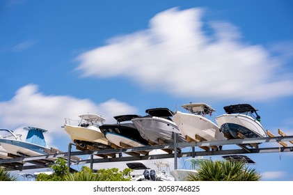 Miami, FL, USA - October 16, 2021: Dry Boat Storage Miami. Long Exposure With Clouds In Motion