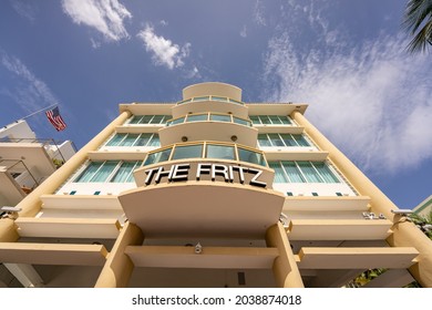 Miami, FL, USA - September 5, 2021: Hotel In Miami Beach Ocean Drive Low Wide Angle Photo