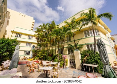 Miami, FL, USA - September 5, 2021: Hotel In Miami Beach Ocean Drive Low Wide Angle Photo