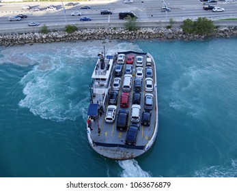 MIAMI, FLORID, USA—JANUARY 2018: Top View Of A Fleet Of Cars Being Ferried Around The Port Of Miami, Florida.