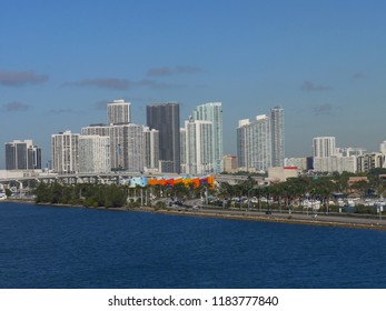 MIAMI, FLORIDA, USA—JANUARY 2018: Medium Close Up Of Skyscrapers Fronting The Miami Coast Line.