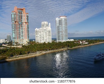 MIAMI, FLORIDA, USA—JANUARY 2018:  Medium Wide Side View Shot Of The Miami Coast Line With Tall Buildings In The Background