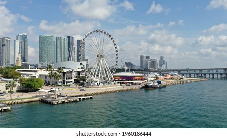 Miami, Florida - April 17, 2021 - Aerial View Of Bayside Marketplace And City Skyline Under April Cloudscape.