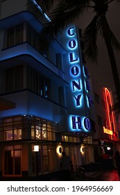 Miami Florida April 2, 2021
South Beach Florida Iconic Ocean Drive Neon Night Life. Colony Hotel Featured.