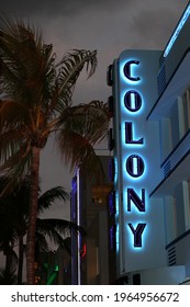 Miami Florida April 2, 2021
South Beach Florida Iconic Ocean Drive Neon Night Life. Colony Hotel Featured.