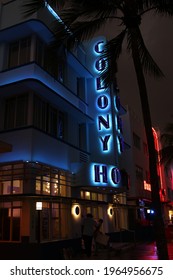 Miami Florida April 2, 2021
South Beach Florida Iconic Ocean Drive Neon Night Life. Colony Hotel Featured.