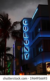 Miami Florida April 2, 2021
South Beach Florida Iconic Ocean Drive Neon Night Life. Colony Hotel Featured.