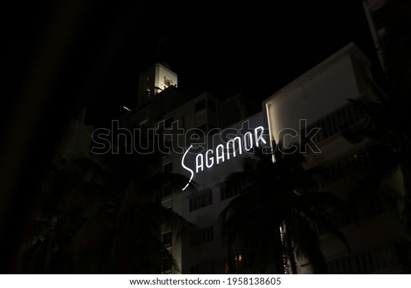 Miami Florida April 2, 2021\
South Beach\
Florida Iconic Ocean Drive Neon Night\
Life.