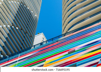 Miami, Florida - August 17, 2017: Close up view of the completed construction of the colorful Brickell Heights residential building in the popular downtown Brickell area.