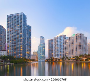 Miami Florida, Brickell and downtown financial buildings over miami River on a beautiful summer day before sunset