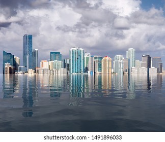 Miami Florida cityscape skyline with concept of sea level rise and major flooding from warming or hurricane damage - Shutterstock ID 1491896033