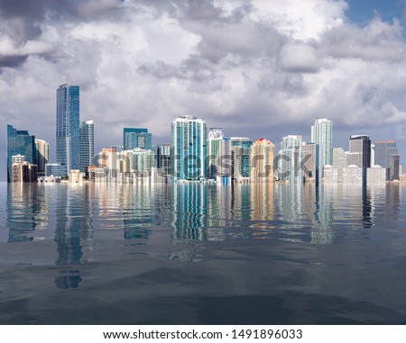 Miami Florida cityscape skyline with concept of sea level rise and major flooding from warming or hurricane damage