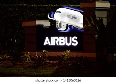 Miami Florida, June 1, 2019 Airbus Training Center Entrance, Night. Miami Facility Offers Comprehensive Portfolio Of Flight, Cabin Crew, Flight Operations, Maintenance And Structure Training Courses.