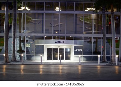 Miami Florida, June 1, 2019 Airbus Training Center Entrance, Night. Miami Facility Offers Comprehensive Portfolio Of Flight, Cabin Crew, Flight Operations, Maintenance And Structure Training Courses.