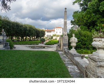 Miami, Florida - October 14 2019: The gardens at Villa Vizcaya. This is the former villa and estate of businessman James Deering, built in Coconut Grove neighborhood of Miami